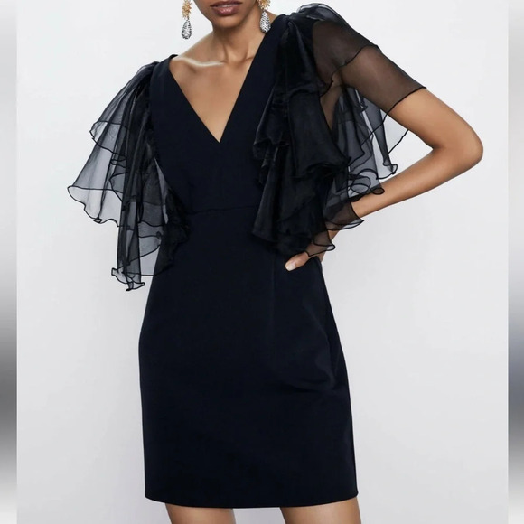 Zara Dresses & Skirts - ZARA Black Mini Dress With Organza Sleeves size XS